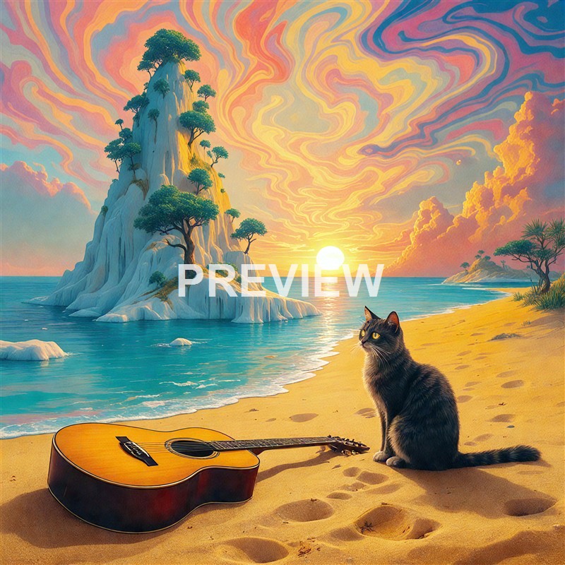 A serene beach scene at sunset featuring a large rocky island with trees, a guitar lying on the sand, and a black and white cat sitting nearby, with colorful swirling clouds in the sky.